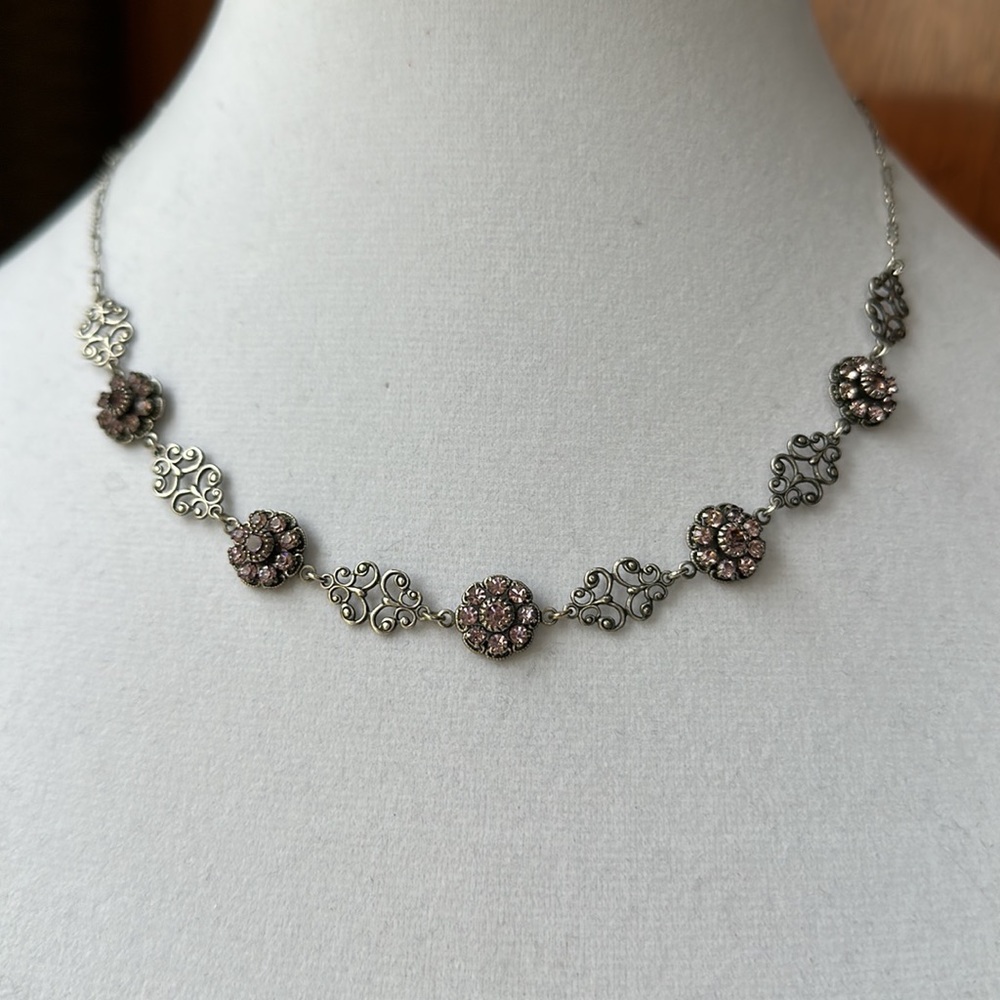 Vintage Liz Paiacios of SF Silver and Pink Crystal Floral Necklace - Picture 4 of 5